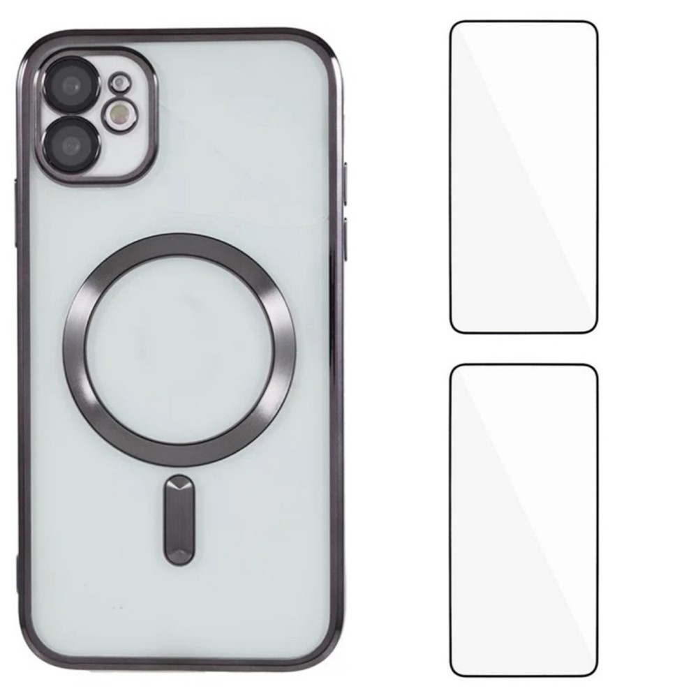 For iPhone 12 6.1 inch Magnetic Case WANLONFENG Electroplated TPU Cover with Lens Film + 2Pcs Tempered Glass - Black
