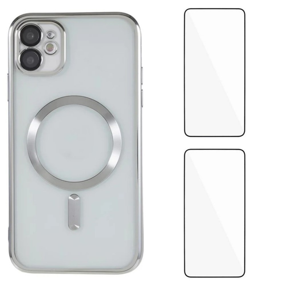 For iPhone 12 6.1 inch Magnetic Case WANLONFENG Electroplated TPU Cover with Lens Film + 2Pcs Tempered Glass - Silver