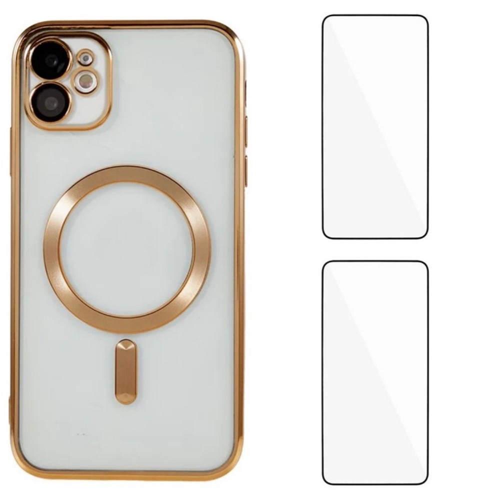 For iPhone 11 Magnetic Case WANLONFENG Electroplated TPU Cover with Lens Film + 2Pcs Tempered Glass - Gold