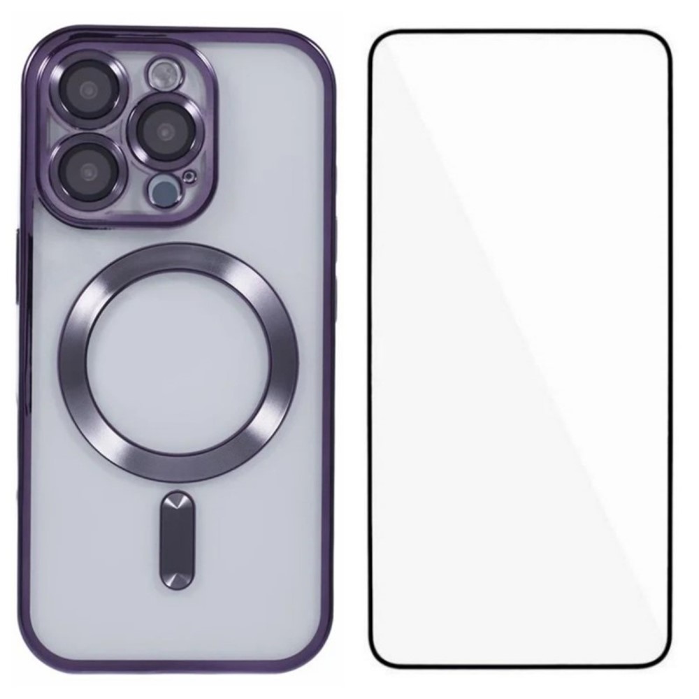 For iPhone 16 Pro Magnetic Case WANLONFENG Full Protection Electroplated TPU Cover with Tempered Glass - Dark Purple