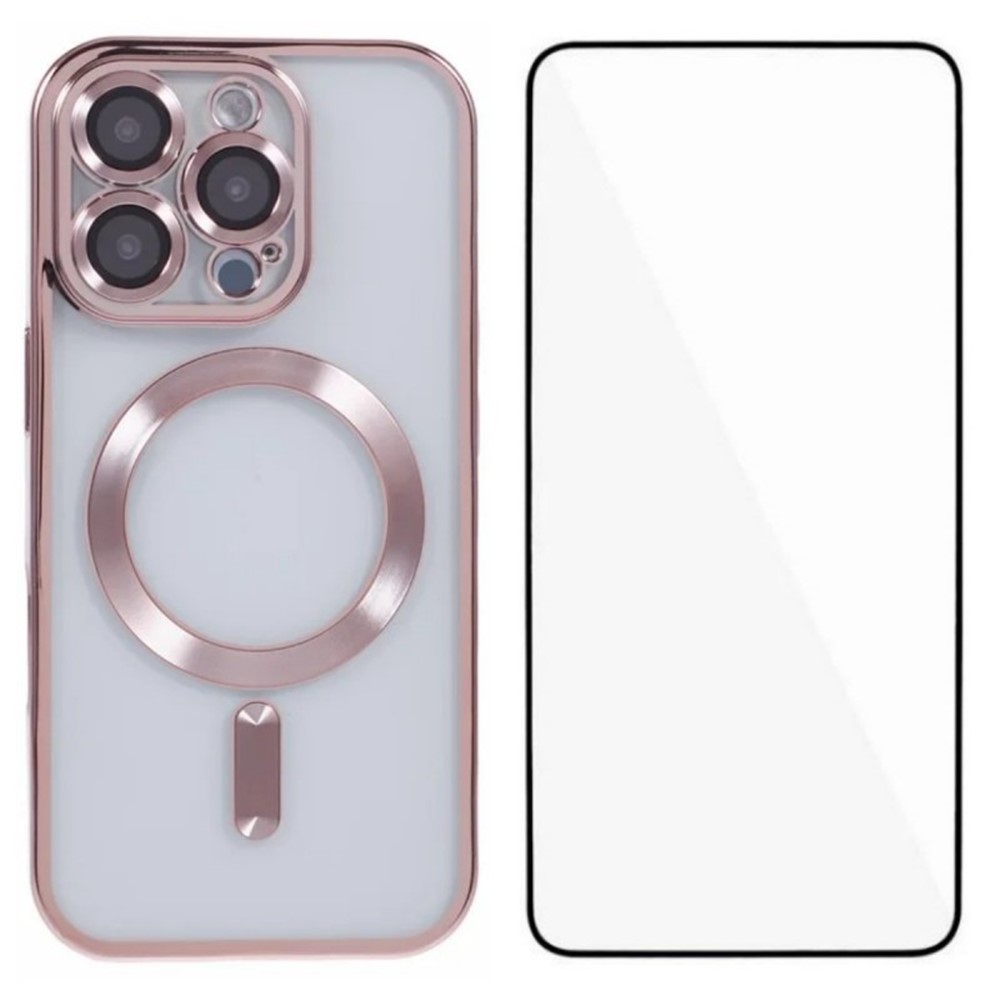 For iPhone 16 Pro Magnetic Case WANLONFENG Full Protection Electroplated TPU Cover with Tempered Glass - Pink