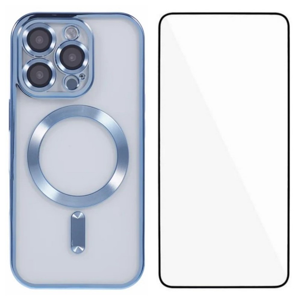 For iPhone 16 Pro Magnetic Case WANLONFENG Full Protection Electroplated TPU Cover with Tempered Glass - Blue