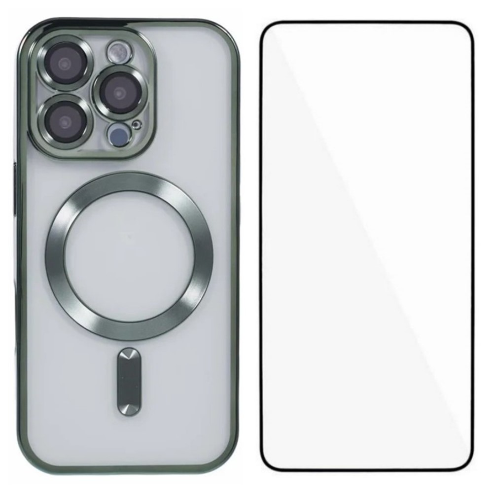 For iPhone 16 Pro Magnetic Case WANLONFENG Full Protection Electroplated TPU Cover with Tempered Glass - Green