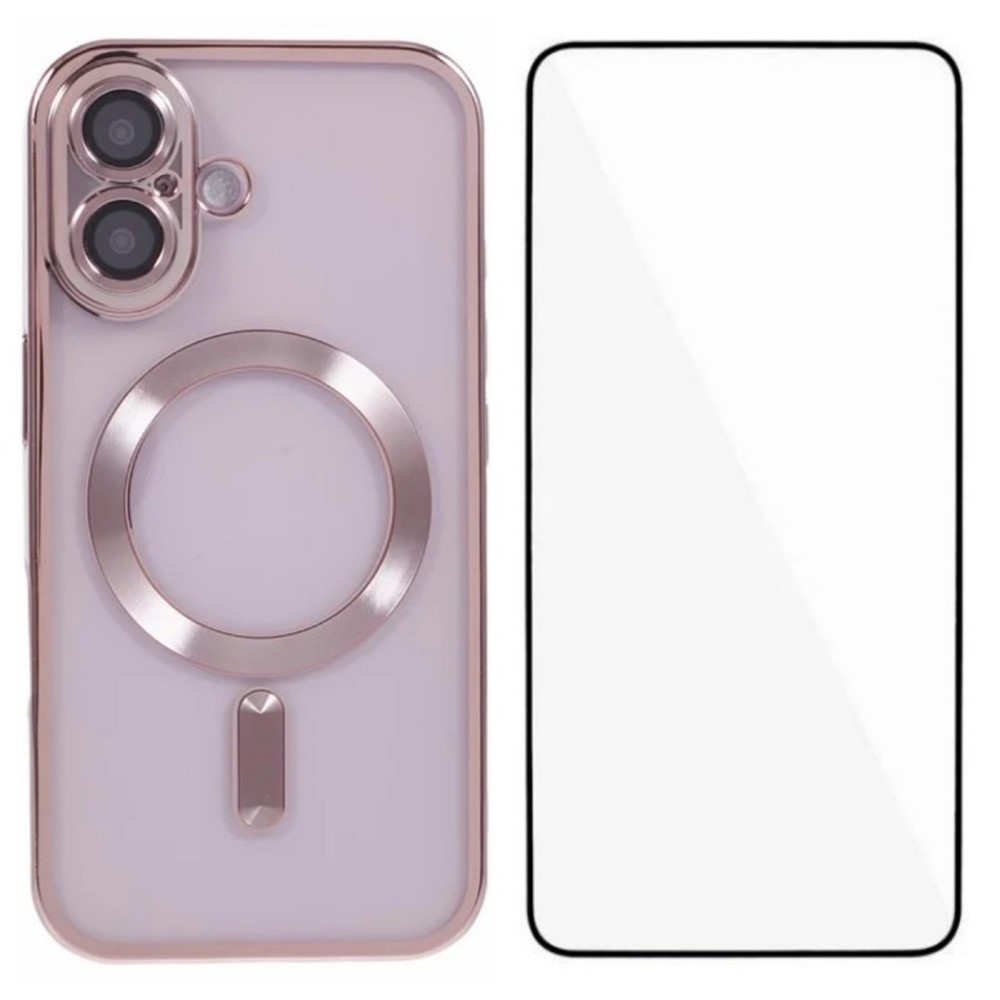 For iPhone 16 Plus Magnetic Case WANLONFENG Full Protection Electroplated TPU Cover with Tempered Glass - Pink