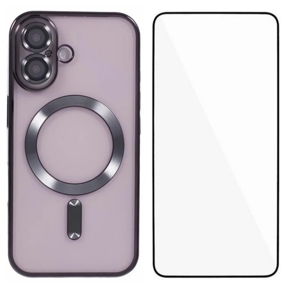 For iPhone 16 Plus Magnetic Case WANLONFENG Full Protection Electroplated TPU Cover with Tempered Glass - Black