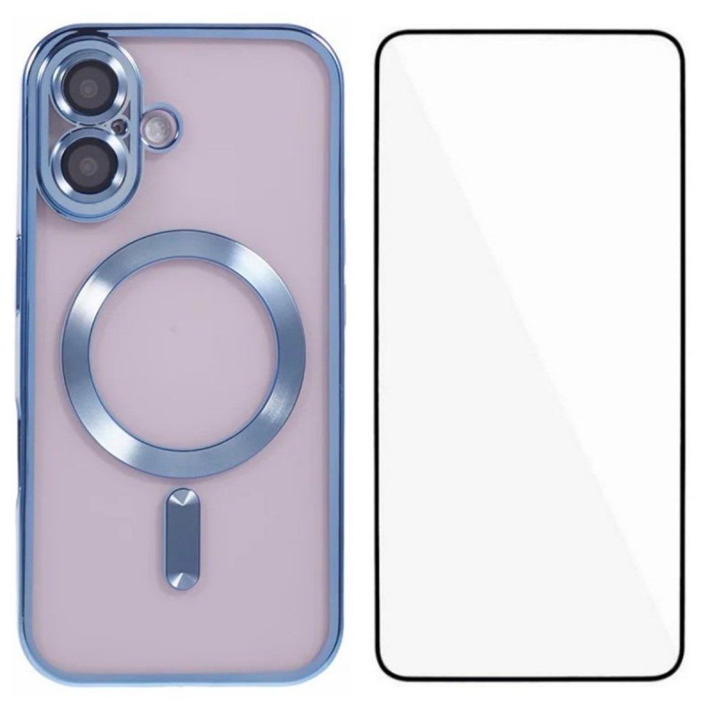 For iPhone 16 Plus Magnetic Case WANLONFENG Full Protection Electroplated TPU Cover with Tempered Glass - Blue