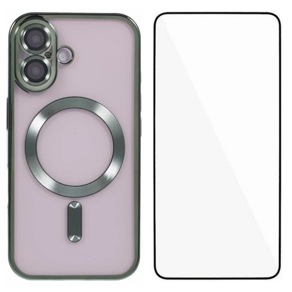 For iPhone 16 Plus Magnetic Case WANLONFENG Full Protection Electroplated TPU Cover with Tempered Glass - Green