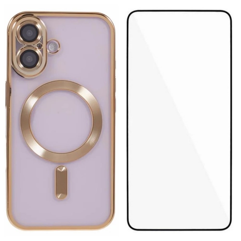 For iPhone 16 Magnetic Case WANLONFENG Full Protection Electroplated TPU Cover with Tempered Glass - Gold