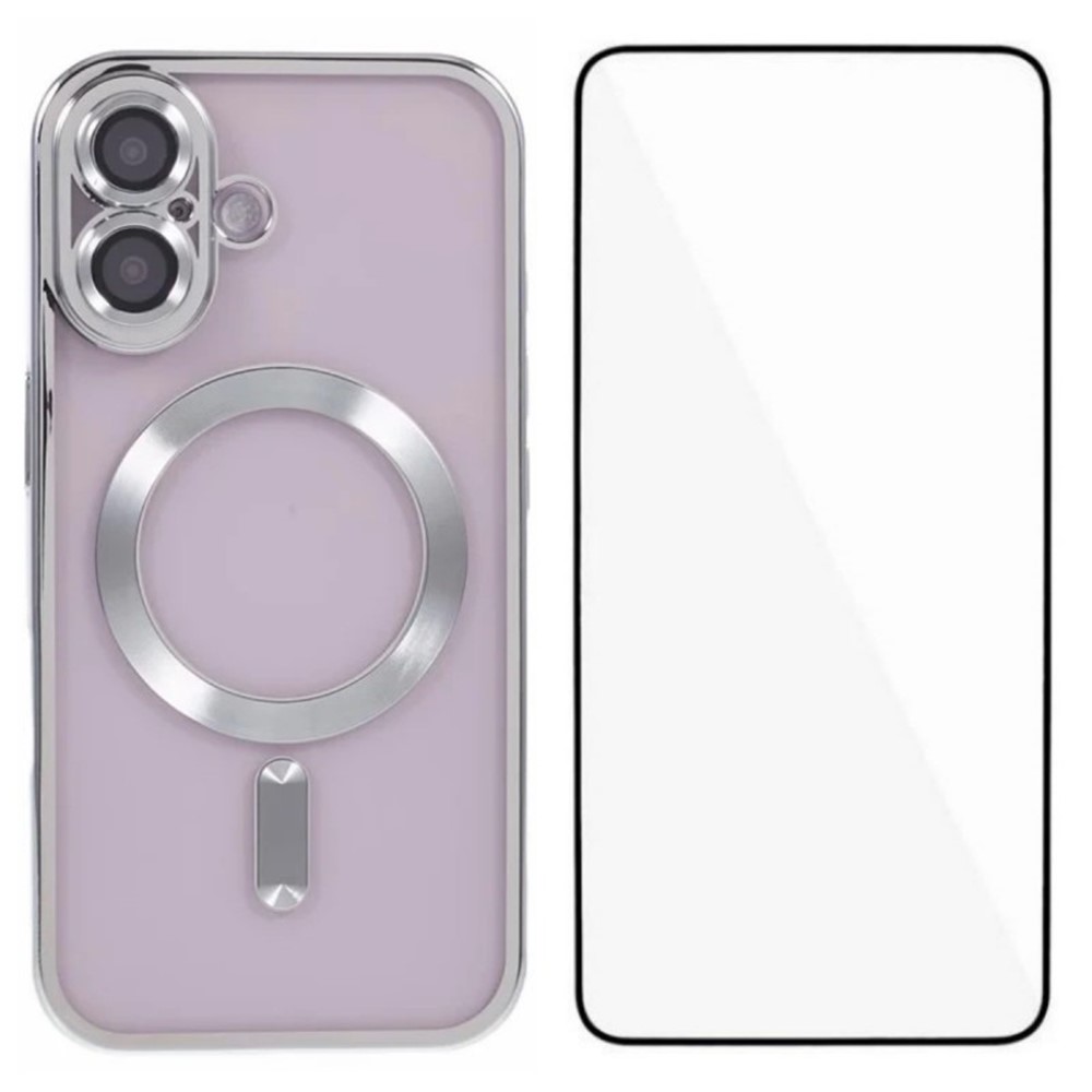 For iPhone 16 Magnetic Case WANLONFENG Full Protection Electroplated TPU Cover with Tempered Glass - Silver