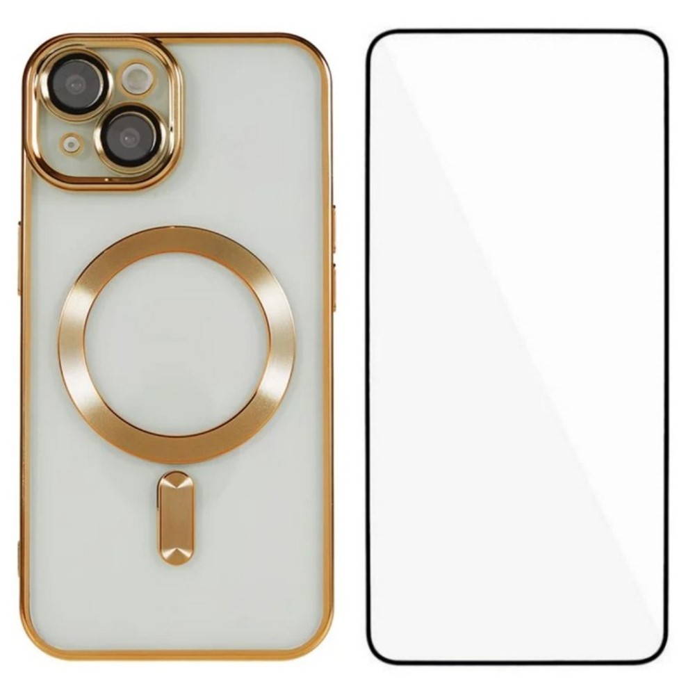 For iPhone 13 6.1 inch Magnetic Case WANLONFENG Full Protection Electroplated TPU Cover with Tempered Glass - Gold