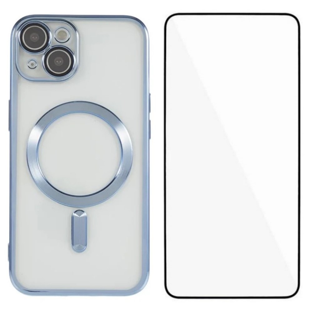 For iPhone 13 6.1 inch Magnetic Case WANLONFENG Full Protection Electroplated TPU Cover with Tempered Glass - Blue