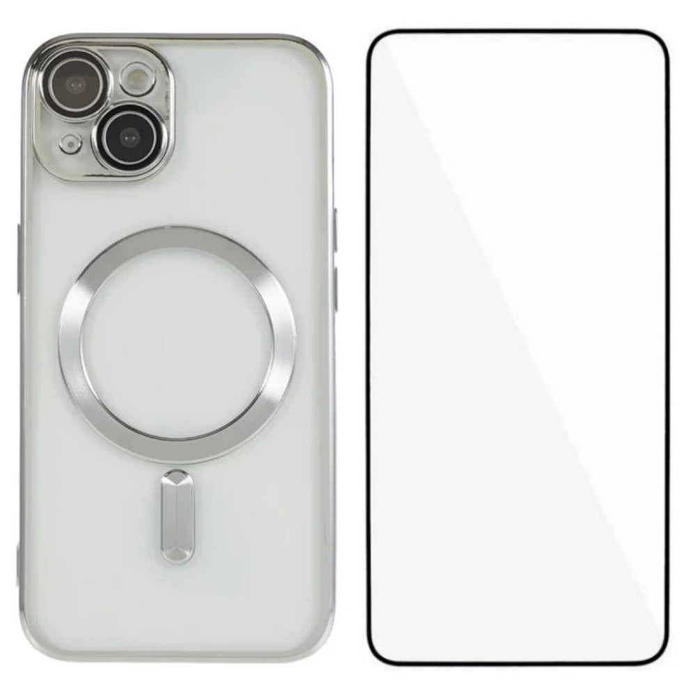 For iPhone 13 6.1 inch Magnetic Case WANLONFENG Full Protection Electroplated TPU Cover with Tempered Glass - Silver