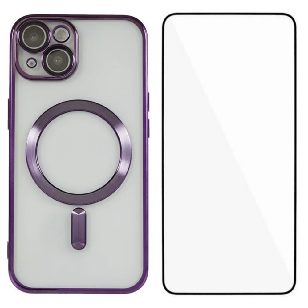 For iPhone 14 Magnetic Case WANLONFENG Full Protection Electroplated TPU Cover with Tempered Glass - Dark Purple