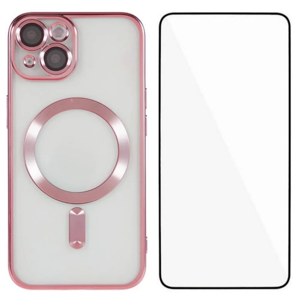 For iPhone 14 Magnetic Case WANLONFENG Full Protection Electroplated TPU Cover with Tempered Glass - Pink