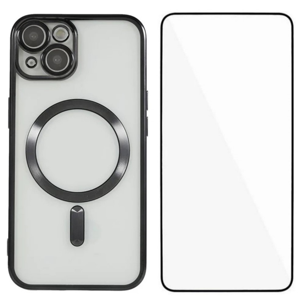 For iPhone 14 Magnetic Case WANLONFENG Full Protection Electroplated TPU Cover with Tempered Glass - Black