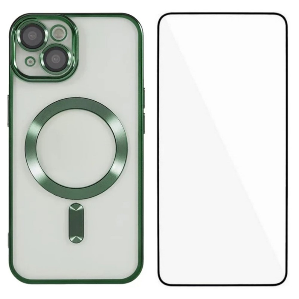 For iPhone 14 Magnetic Case WANLONFENG Full Protection Electroplated TPU Cover with Tempered Glass - Green