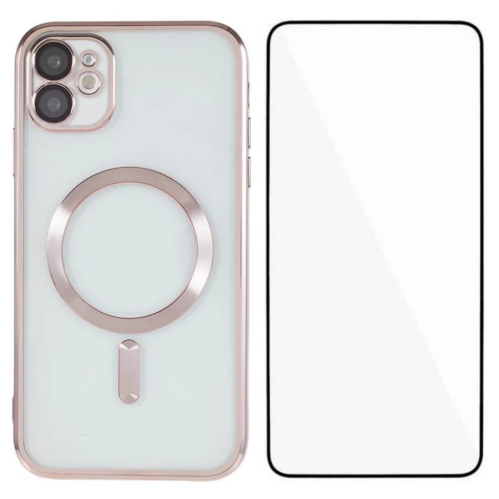 For iPhone 12 6.1 inch Magnetic Case WANLONFENG Full Protection Electroplated TPU Cover with Tempered Glass - Pink
