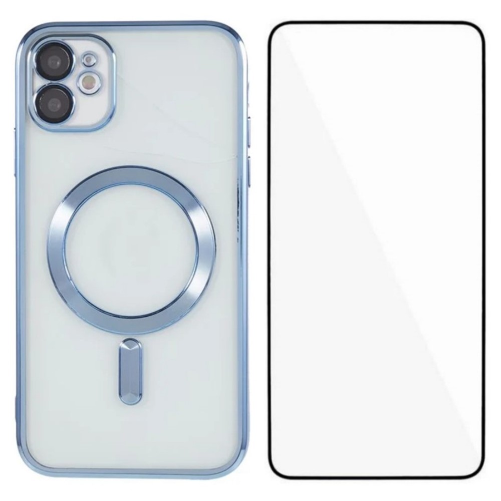 For iPhone 12 6.1 inch Magnetic Case WANLONFENG Full Protection Electroplated TPU Cover with Tempered Glass - Blue