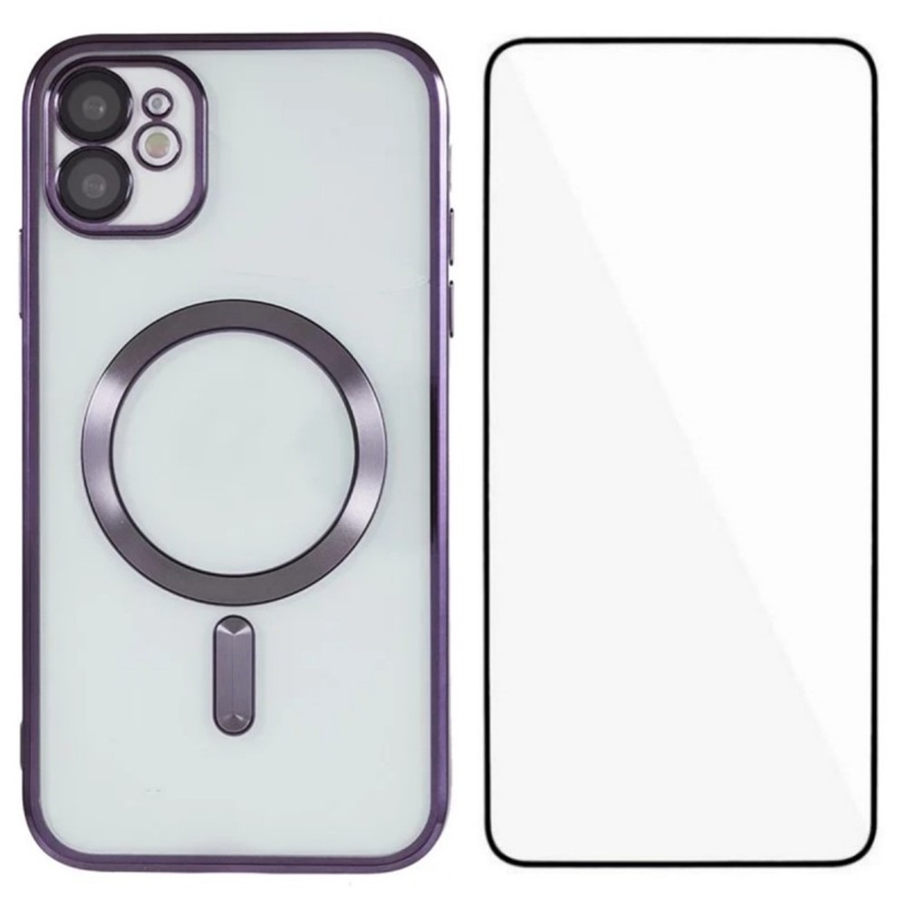For iPhone 11 Magnetic Case WANLONFENG Full Protection Electroplated TPU Cover with Tempered Glass - Dark Purple