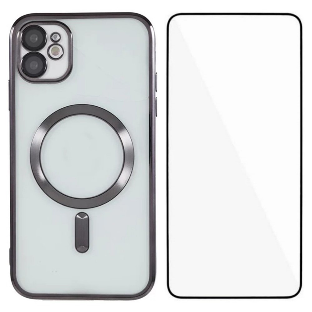 For iPhone 11 Magnetic Case WANLONFENG Full Protection Electroplated TPU Cover with Tempered Glass - Black