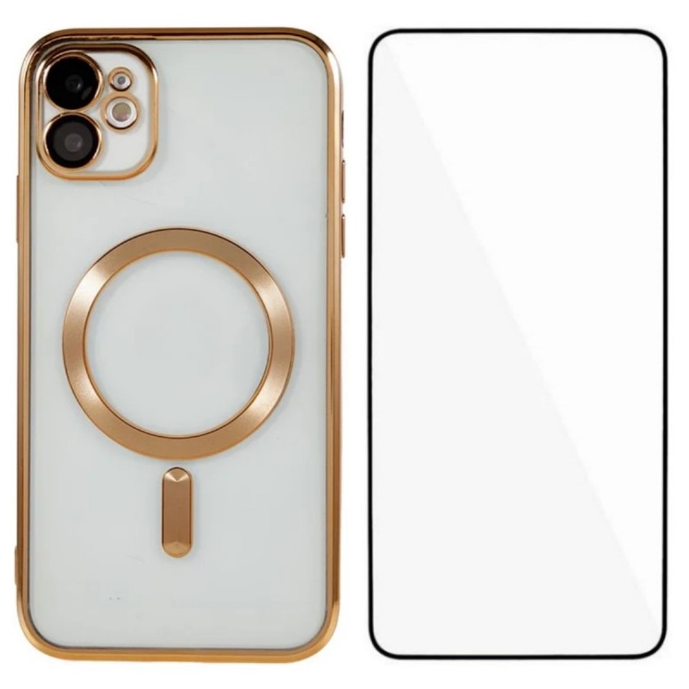 For iPhone 11 Magnetic Case WANLONFENG Full Protection Electroplated TPU Cover with Tempered Glass - Gold