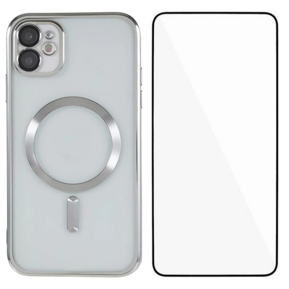 For iPhone 11 Magnetic Case WANLONFENG Full Protection Electroplated TPU Cover with Tempered Glass - Silver