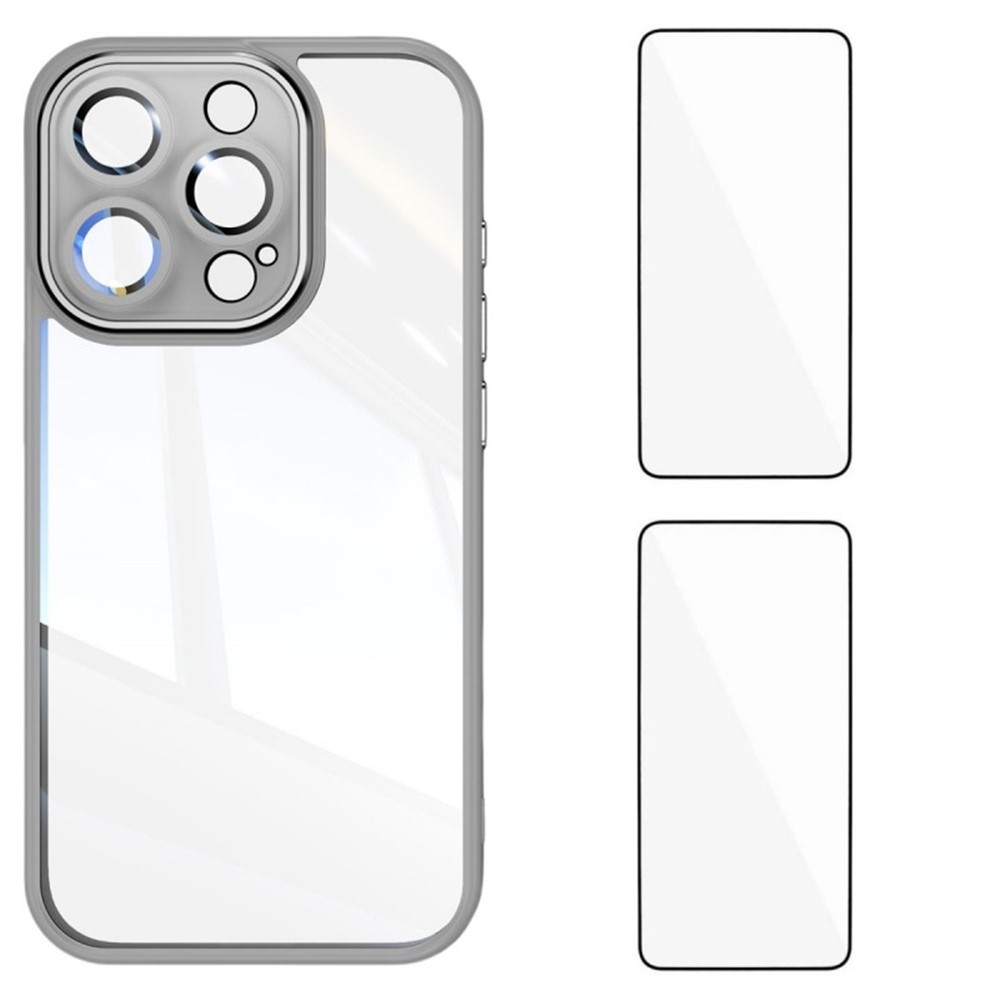 For iPhone 15 Pro Max TPU Case WANLONFENG Drop-proof Clear Phone Cover with 2Pcs Tempered Glass Film - Grey