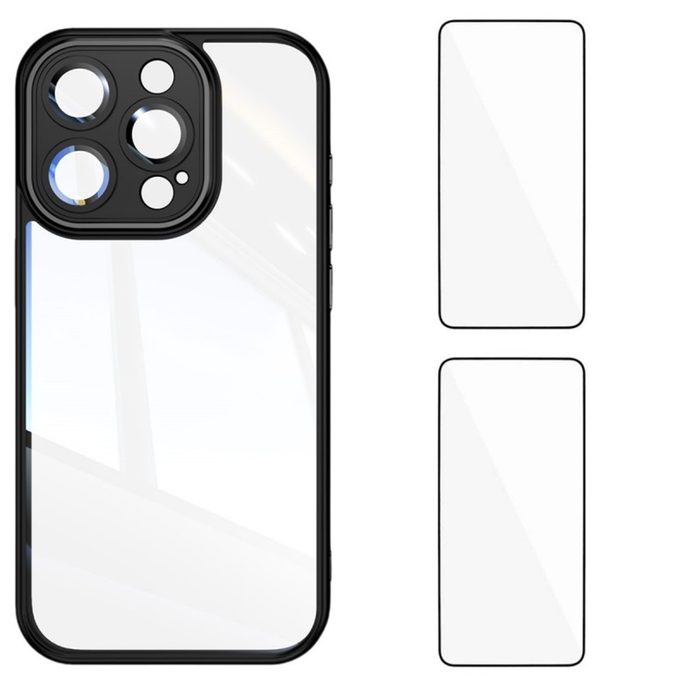 For iPhone 15 Pro TPU Case WANLONFENG Drop-proof Clear Phone Cover with 2Pcs Tempered Glass Film - Black