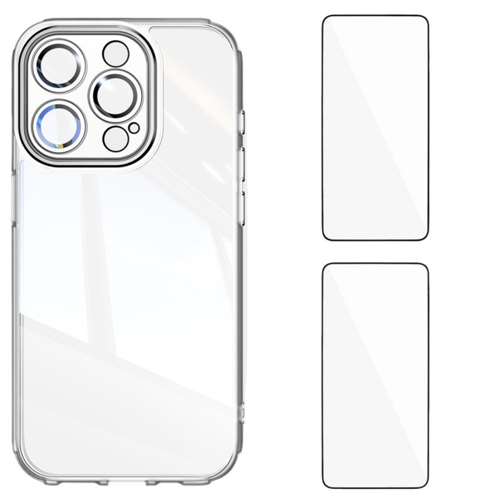 For iPhone 14 Pro TPU Case WANLONFENG Drop-proof Clear Phone Cover with 2Pcs Tempered Glass Film - Grey