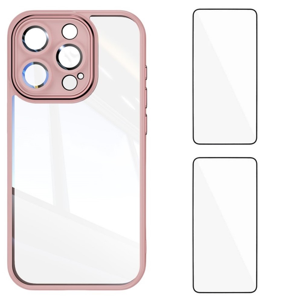 For iPhone 13 Pro Max 6.7 inch TPU Case WANLONFENG Drop-proof Clear Phone Cover with 2Pcs Tempered Glass Film - Pink