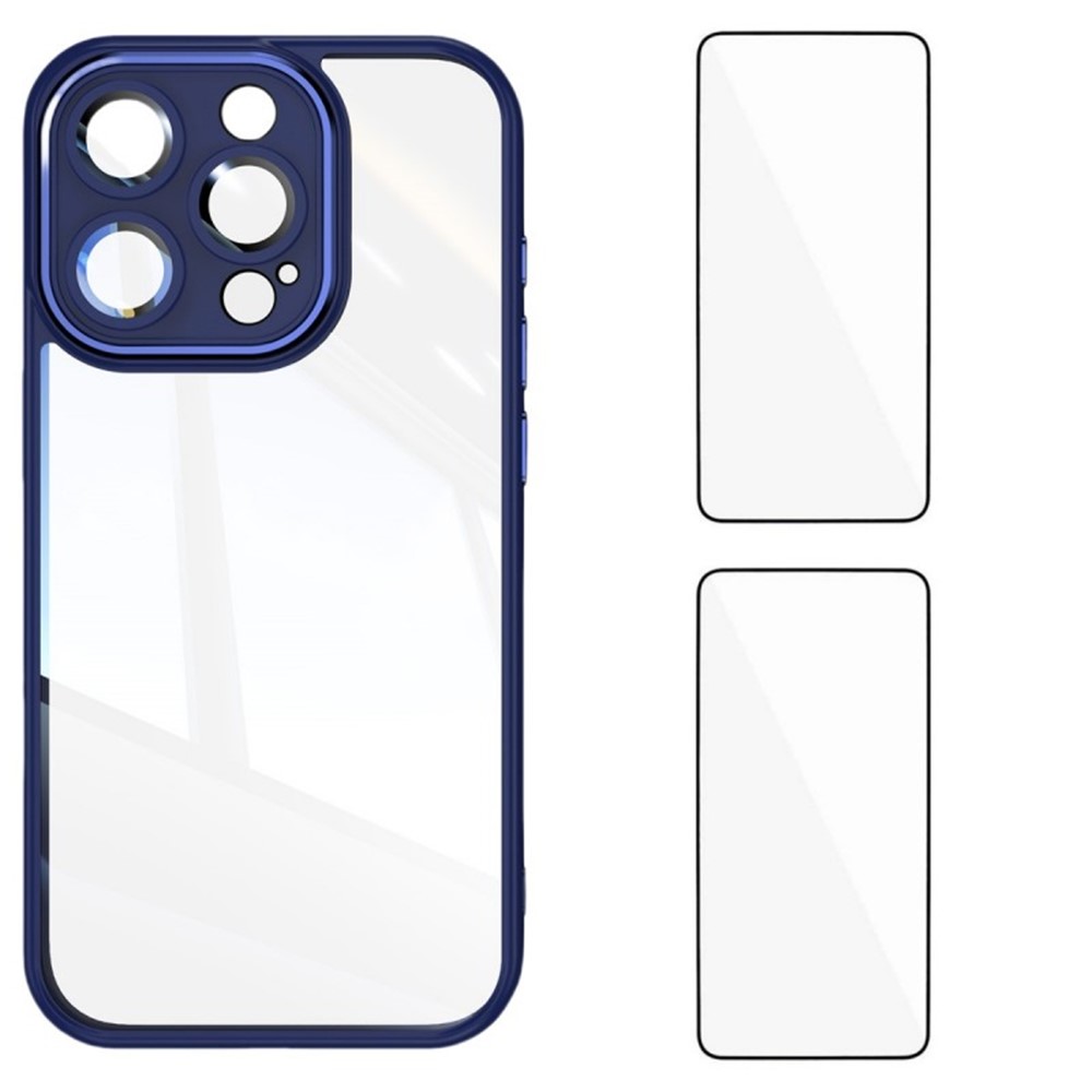 For iPhone 13 Pro Max 6.7 inch TPU Case WANLONFENG Drop-proof Clear Phone Cover with 2Pcs Tempered Glass Film - Blue