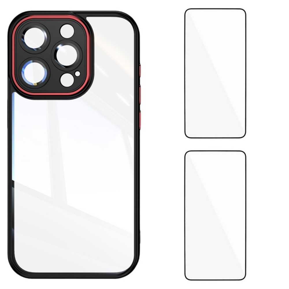 For iPhone 13 Pro 6.1 inch TPU Case WANLONFENG Drop-proof Clear Phone Cover with 2Pcs Tempered Glass Film - Black Red