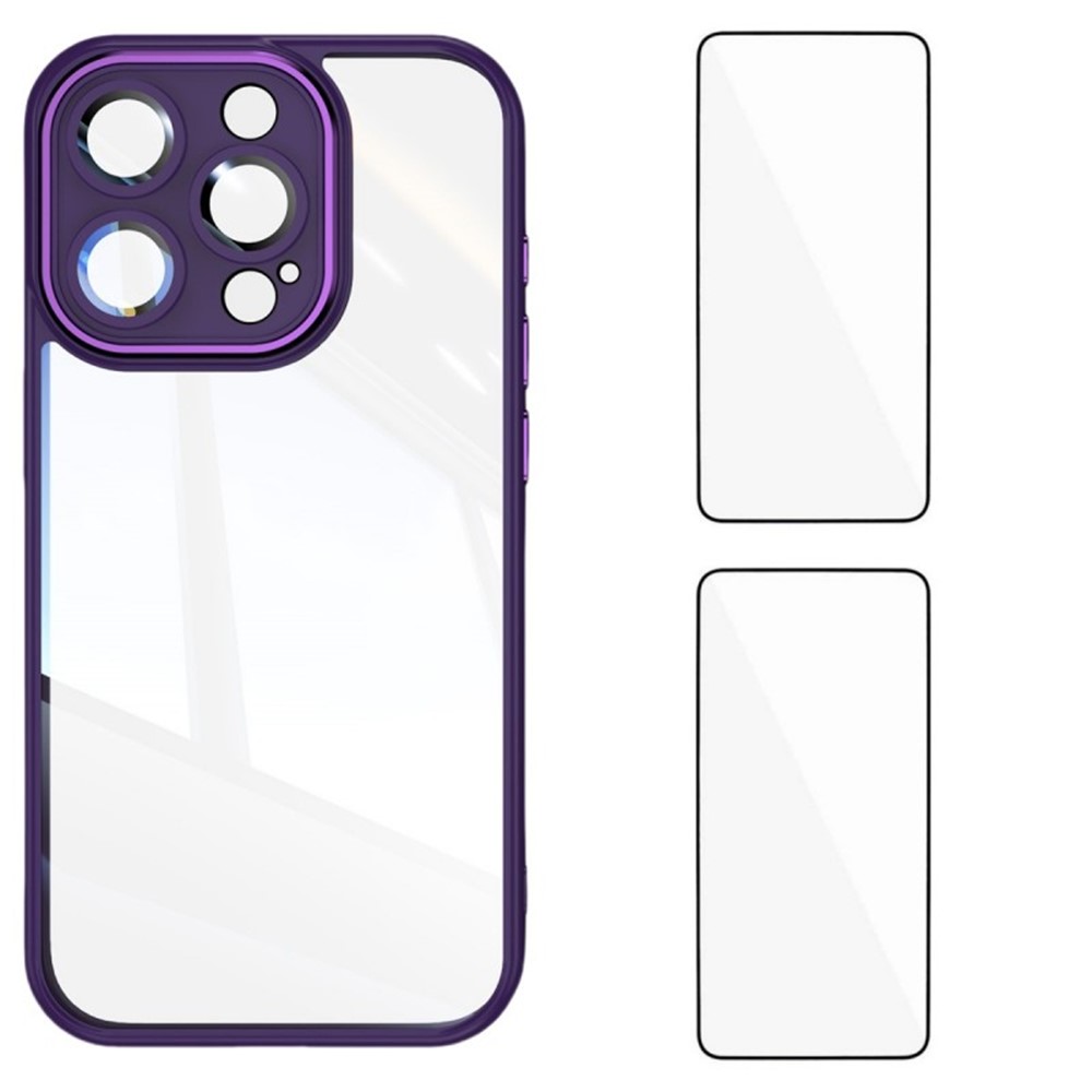 For iPhone 12 Pro Max 6.7 inch TPU Case WANLONFENG Drop-proof Clear Phone Cover with 2Pcs Tempered Glass Film - Dark Purple