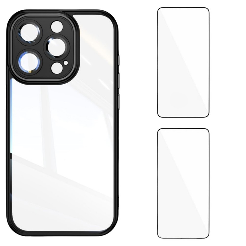 For iPhone 16 Pro TPU Case WANLONFENG Drop-proof Clear Phone Cover with 2Pcs Tempered Glass Film - Black