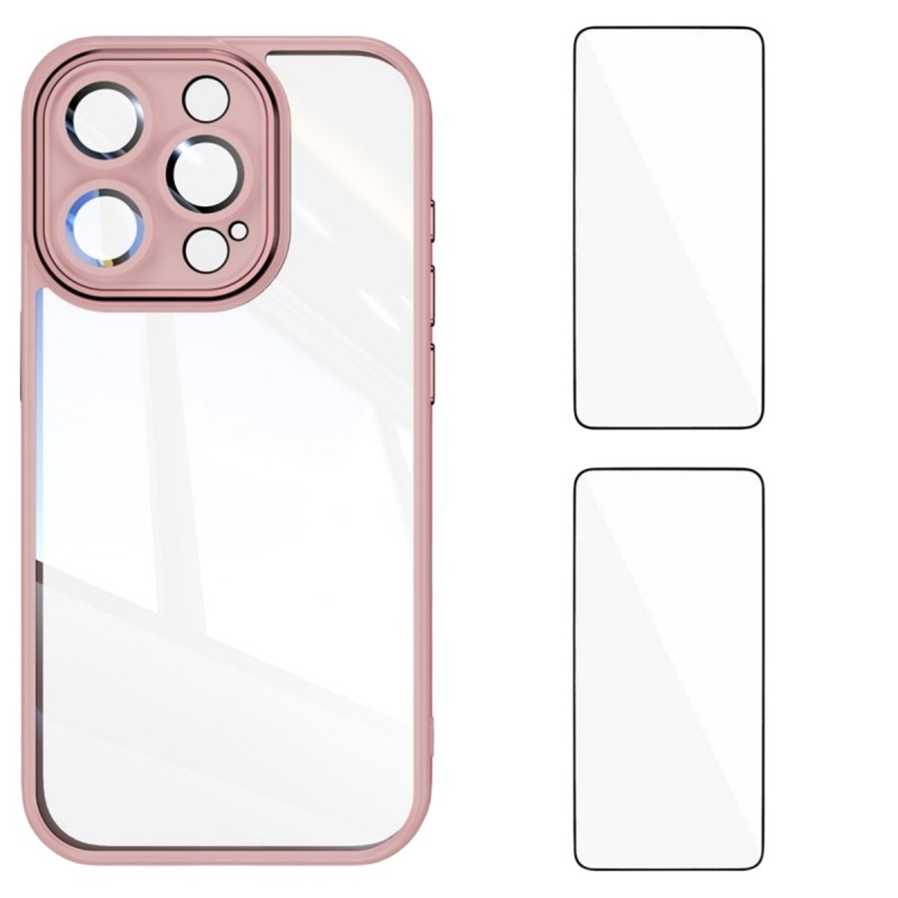 For iPhone 16 Pro TPU Case WANLONFENG Drop-proof Clear Phone Cover with 2Pcs Tempered Glass Film - Pink