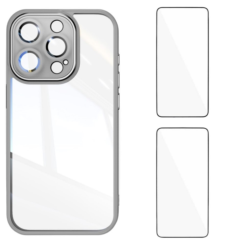 For iPhone 16 Pro TPU Case WANLONFENG Drop-proof Clear Phone Cover with 2Pcs Tempered Glass Film - Grey