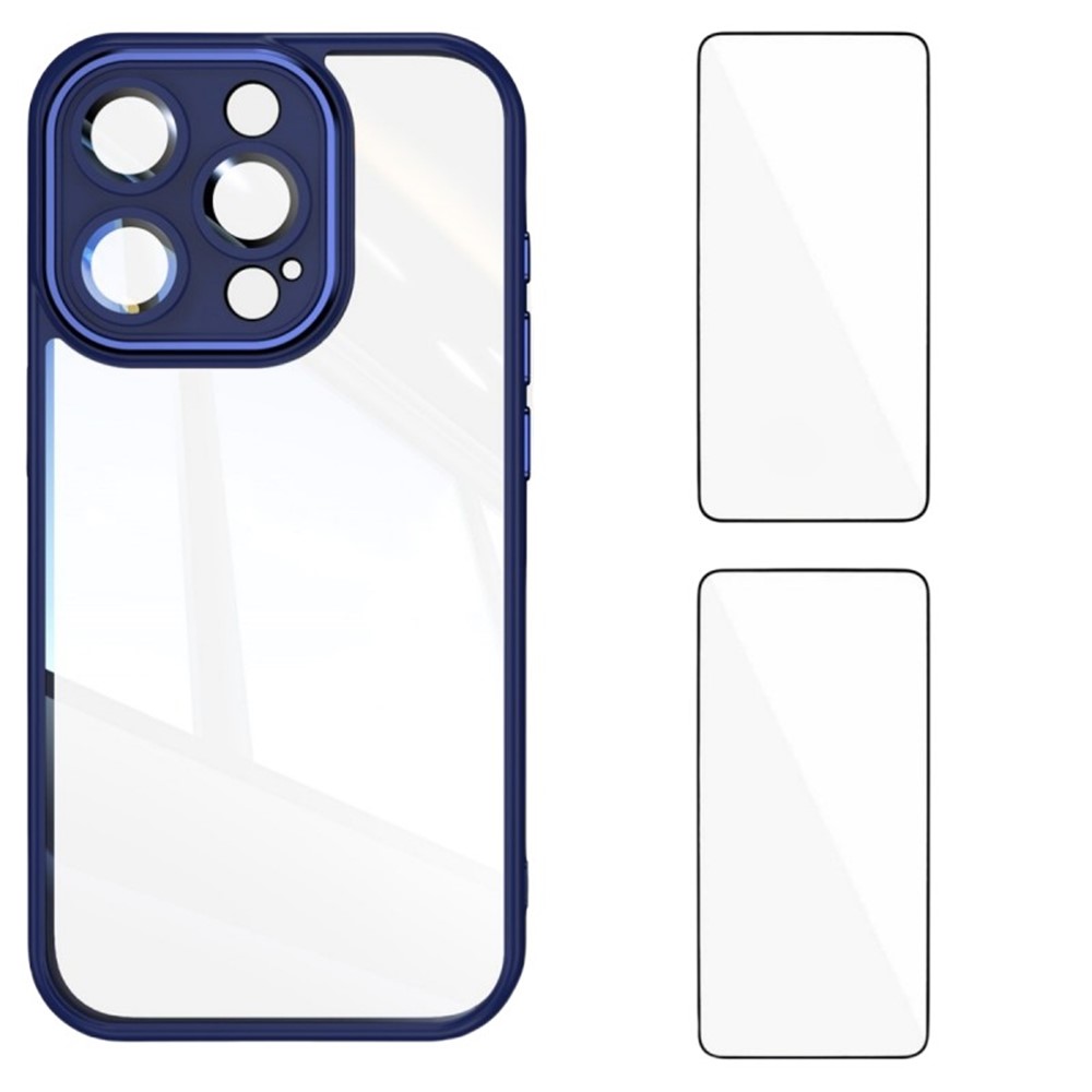 For iPhone 16 Pro TPU Case WANLONFENG Drop-proof Clear Phone Cover with 2Pcs Tempered Glass Film - Blue