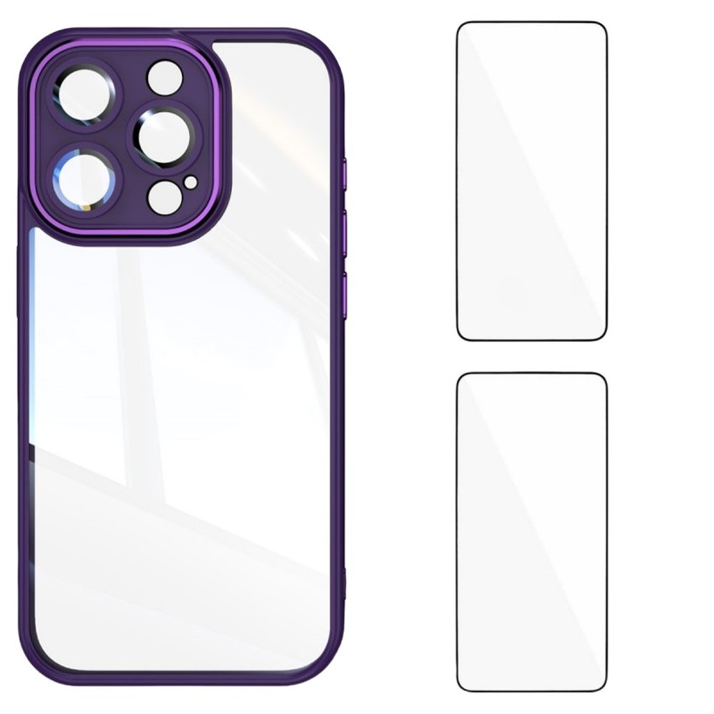 For iPhone 16 Pro TPU Case WANLONFENG Drop-proof Clear Phone Cover with 2Pcs Tempered Glass Film - Dark Purple