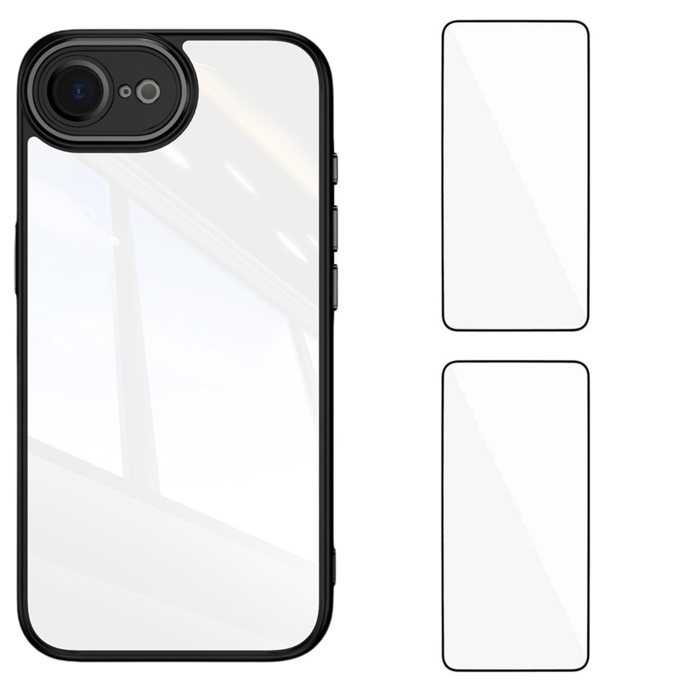 For iPhone 16e TPU Case WANLONFENG Drop-proof Clear Phone Cover with 2Pcs Tempered Glass Film - Black