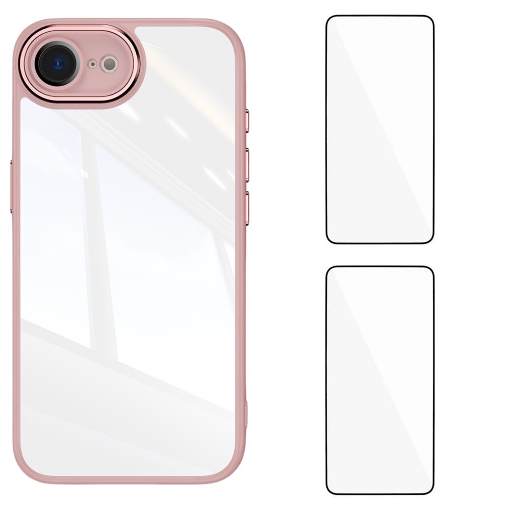 For iPhone 16e TPU Case WANLONFENG Drop-proof Clear Phone Cover with 2Pcs Tempered Glass Film - Pink