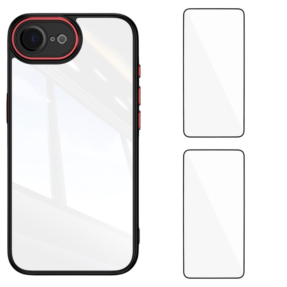For iPhone 16e TPU Case WANLONFENG Drop-proof Clear Phone Cover with 2Pcs Tempered Glass Film - Black Red