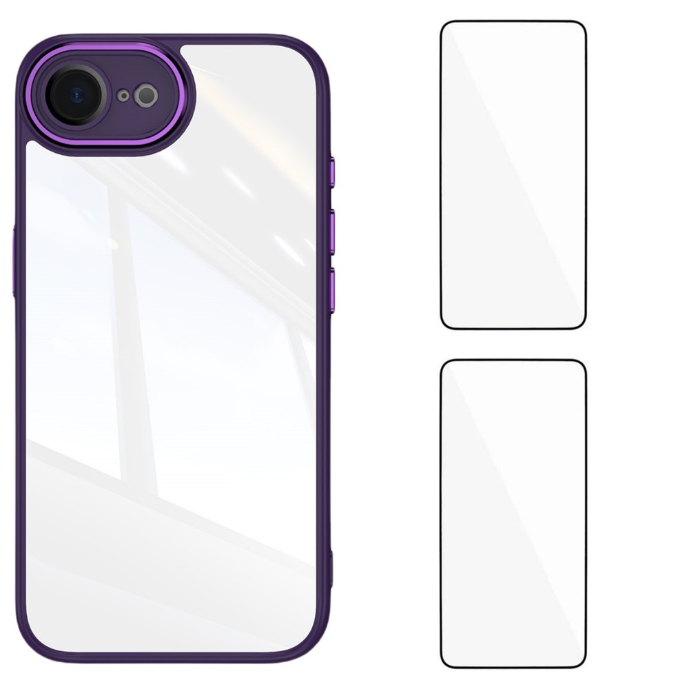 For iPhone 16e TPU Case WANLONFENG Drop-proof Clear Phone Cover with 2Pcs Tempered Glass Film - Dark Purple