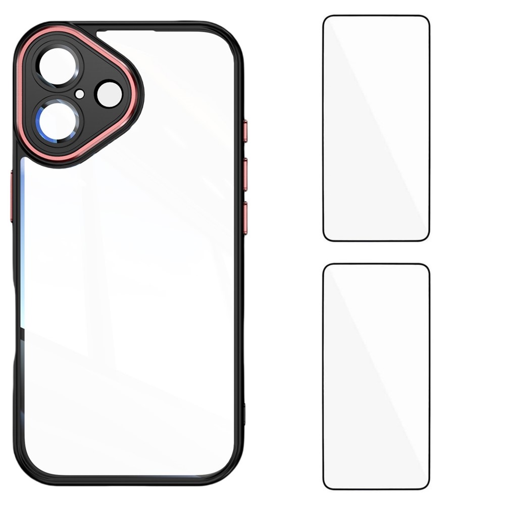 For iPhone 16 Plus TPU Case WANLONFENG Drop-proof Clear Phone Cover with 2Pcs Tempered Glass Film - Black Red