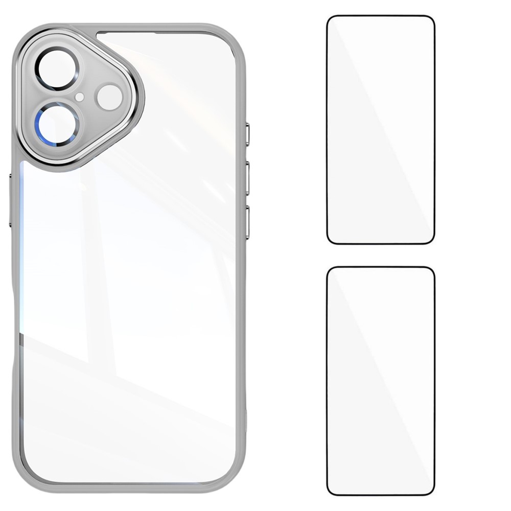 For iPhone 16 Plus TPU Case WANLONFENG Drop-proof Clear Phone Cover with 2Pcs Tempered Glass Film - Grey