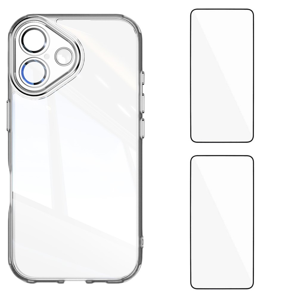 For iPhone 16 Plus TPU Case WANLONFENG Drop-proof Clear Phone Cover with 2Pcs Tempered Glass Film - Transparent