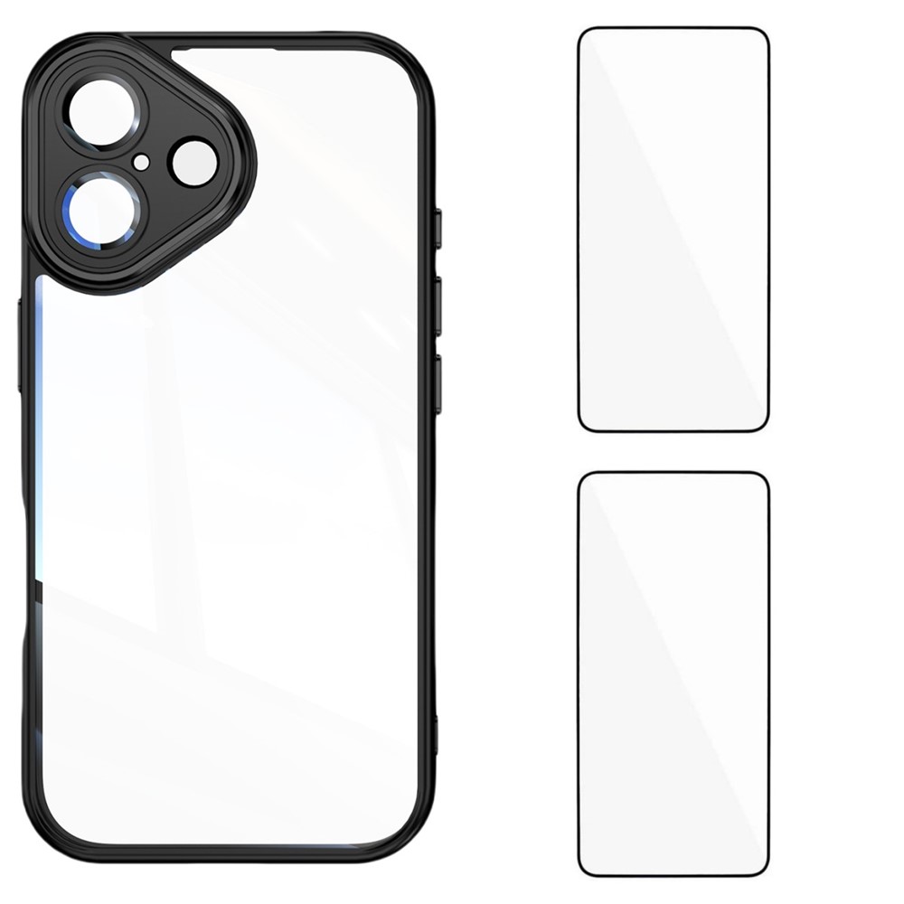 For iPhone 16 TPU Case WANLONFENG Drop-proof Clear Phone Cover with 2Pcs Tempered Glass Film - Black