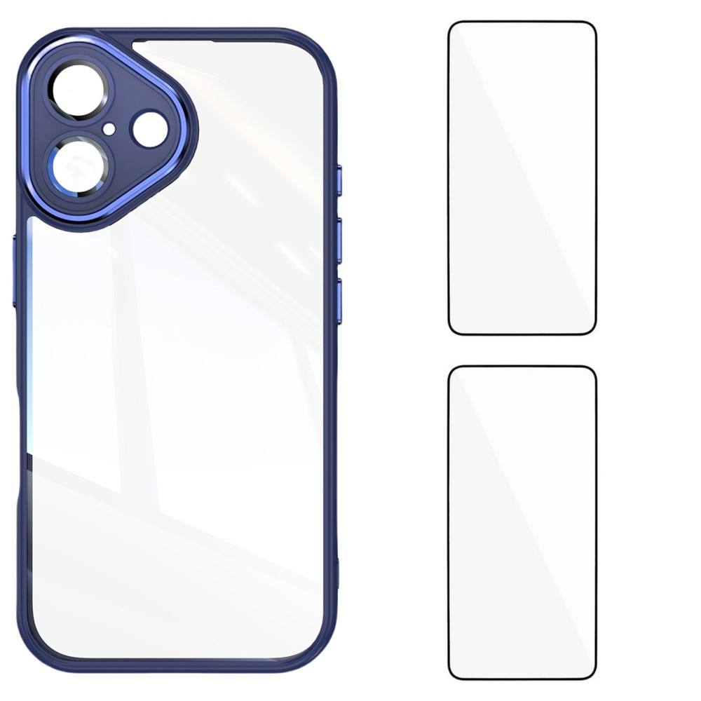 For iPhone 16 TPU Case WANLONFENG Drop-proof Clear Phone Cover with 2Pcs Tempered Glass Film - Blue