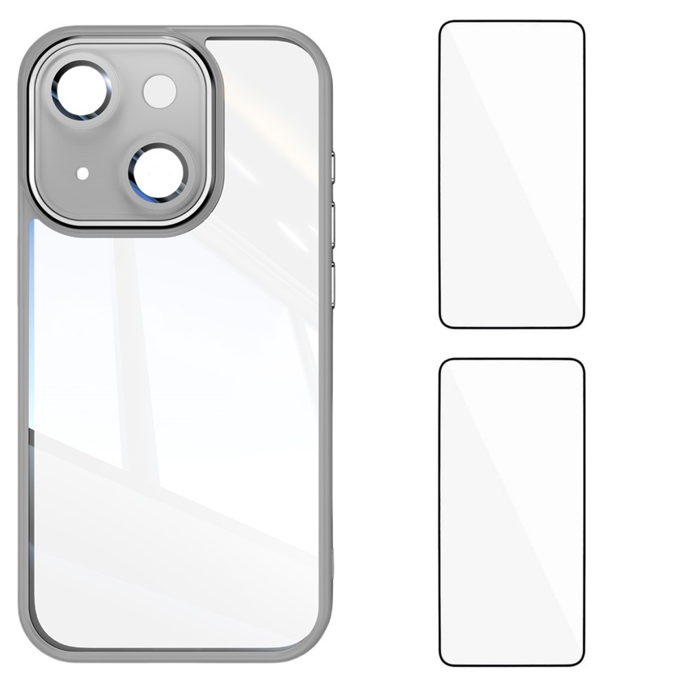 For iPhone 14 TPU Case WANLONFENG Drop-proof Clear Phone Cover with 2Pcs Tempered Glass Film - Grey