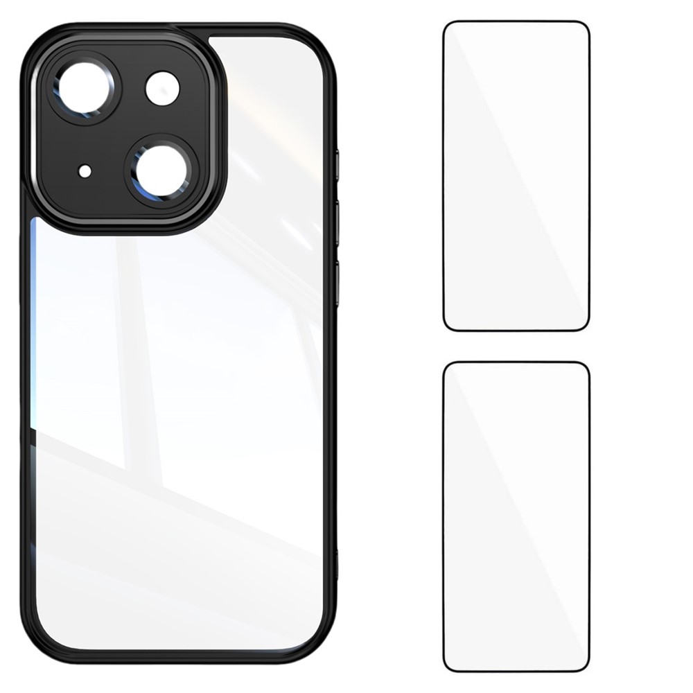 For iPhone 15 TPU Case WANLONFENG Drop-proof Clear Phone Cover with 2Pcs Tempered Glass Film - Black