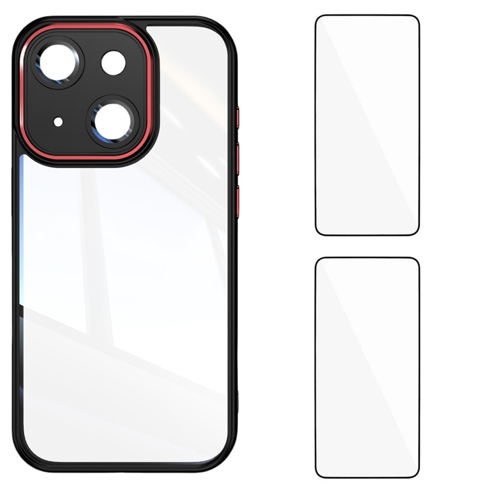 For iPhone 15 TPU Case WANLONFENG Drop-proof Clear Phone Cover with 2Pcs Tempered Glass Film - Black Red